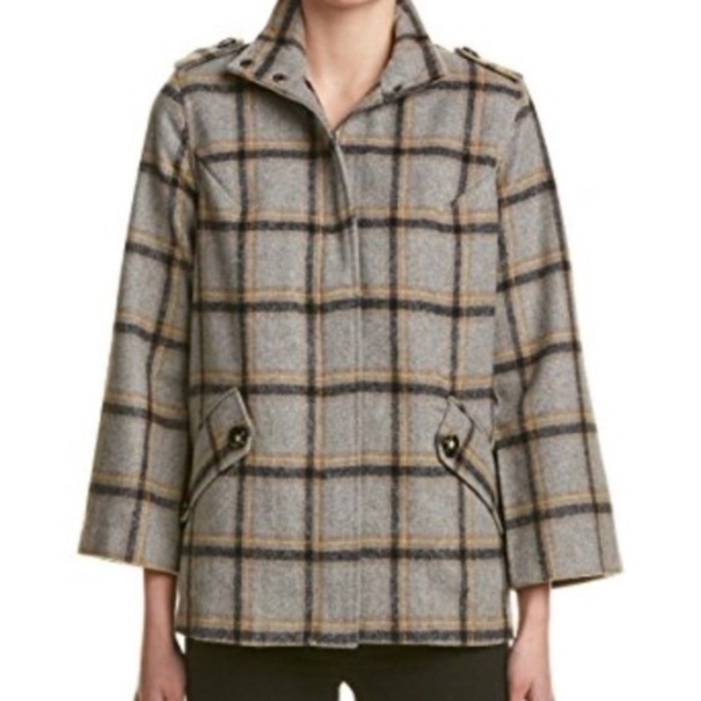 KUT from the Kloth Jacket Womens XS Grey Plaid Wool Blend Funnel Neck